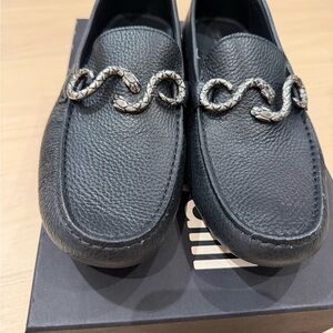 Roberto Cavalli Black Leather Loafers with Snake Detail